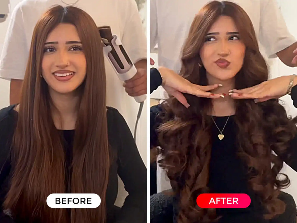 Before and after showing TYMO CURLPRO PLUS PINK automatic rotating curling wand results.