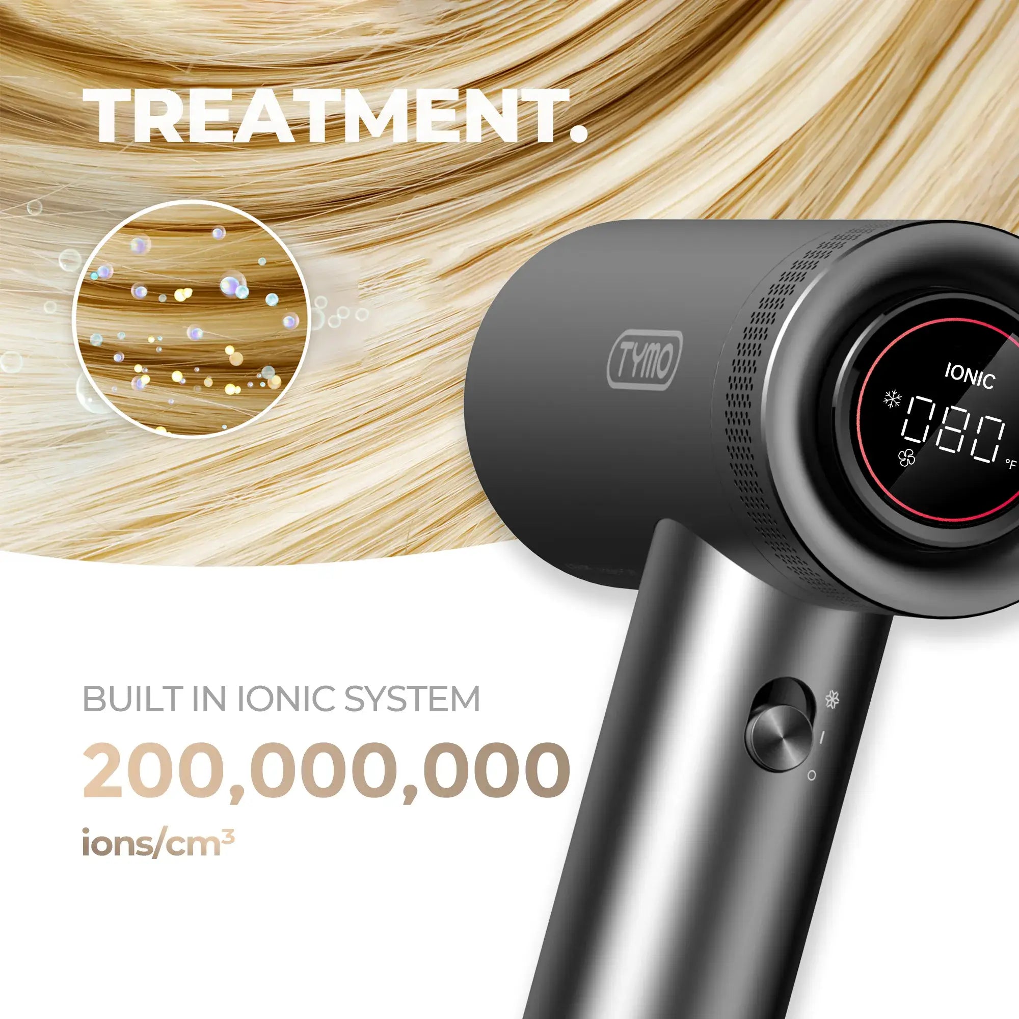 TYMO AIRHYPE, a dyson alternative hair dryer with diffuser and ionic system producing 200,000,000 ions/cm3.