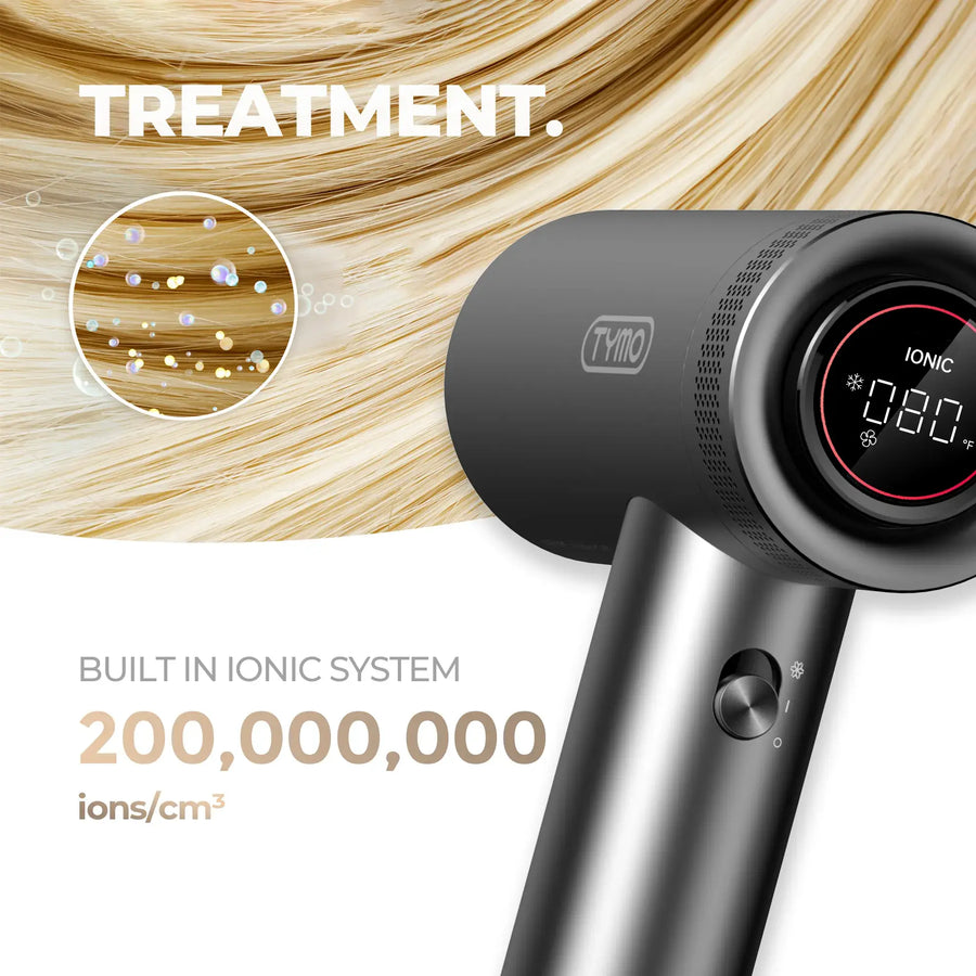 TYMO AIRHYPE, a dyson alternative hair dryer with diffuser and ionic system producing 200,000,000 ions/cm3.