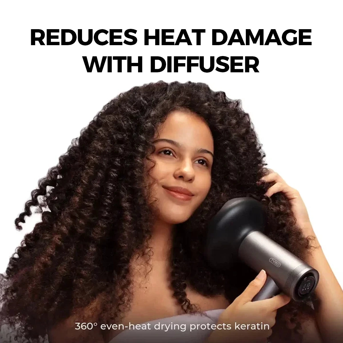 Woman using TYMO AIRHYPE diffuser, a dyson alternative hair dryer for gentle, no-heat-damage curly styling.