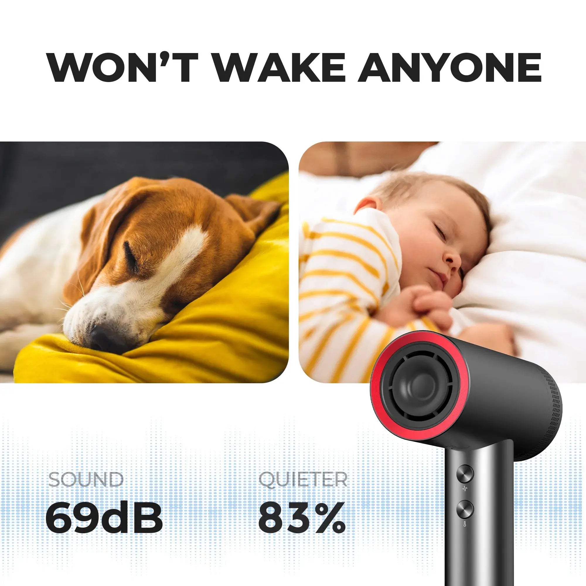 TYMO AIRHYPE quiet hair dryer, a dyson alternative hair dryer producing low 69dB noise for gentle, sleep-friendly drying.