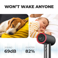 TYMO AIRHYPE quiet hair dryer, a dyson alternative hair dryer producing low 69dB noise for gentle, sleep-friendly drying.