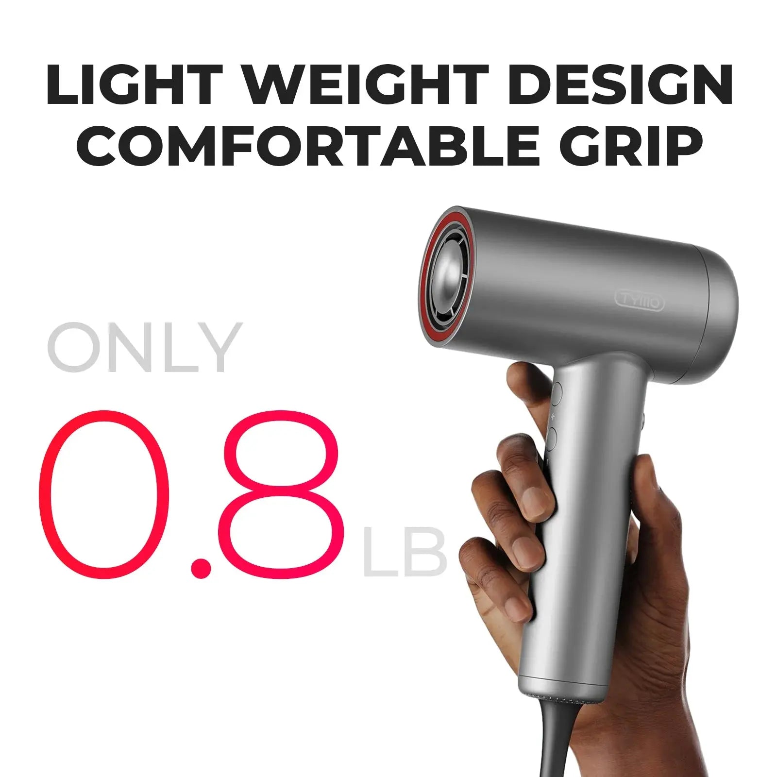 Lightweight TYMO AIRHYPE LITE, a dyson alternative hair dryer for fine hair with gentle airflow.