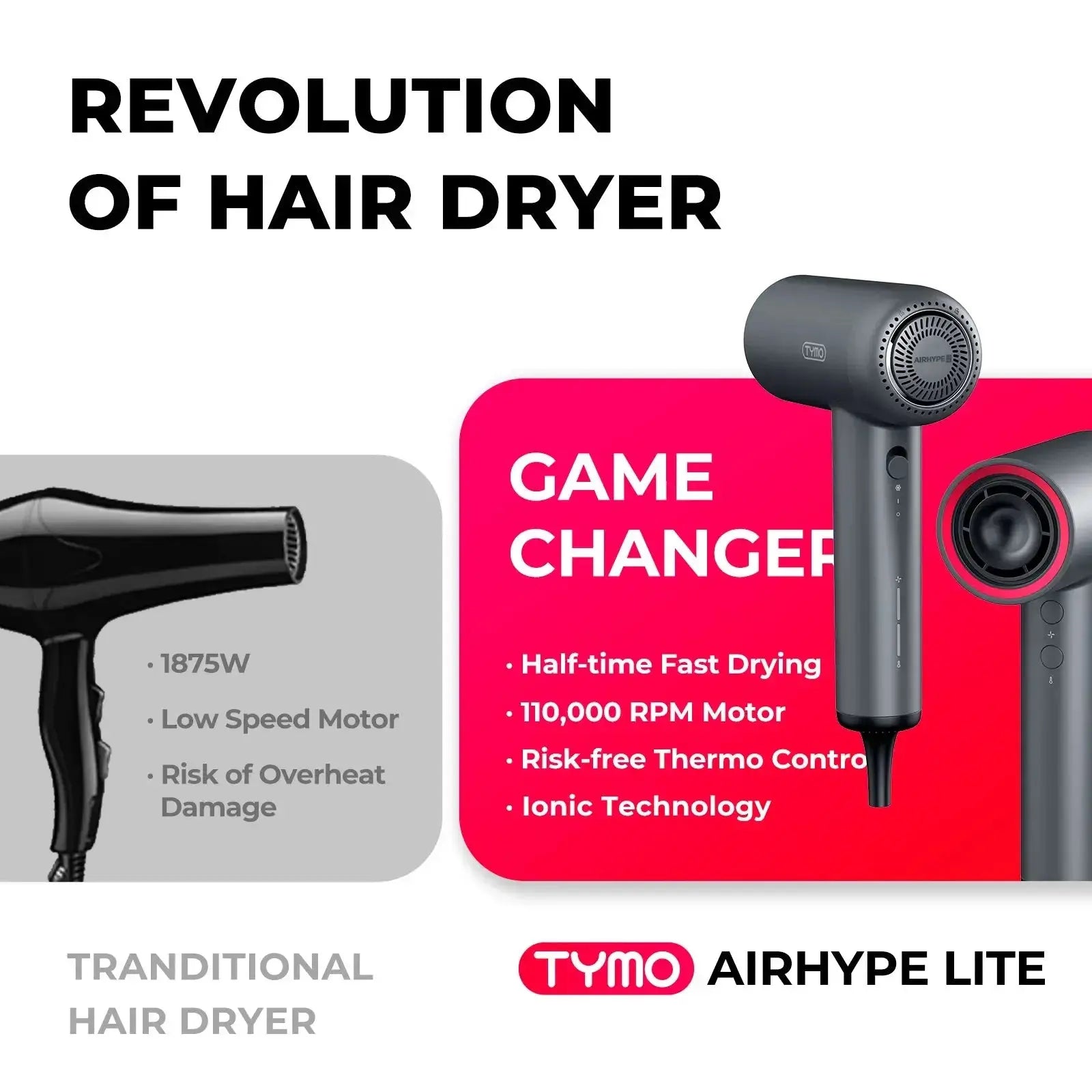 TYMO AIRHYPE LITE, a dyson alternative hair dryer ideal for travel with a revolution compared to traditional hair dryer.