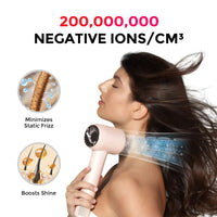 TYMO AIRHYPE COMPACT standing hair dryer, a dyson alternative hair dryer, shown with airflow and negative ions graphics.
