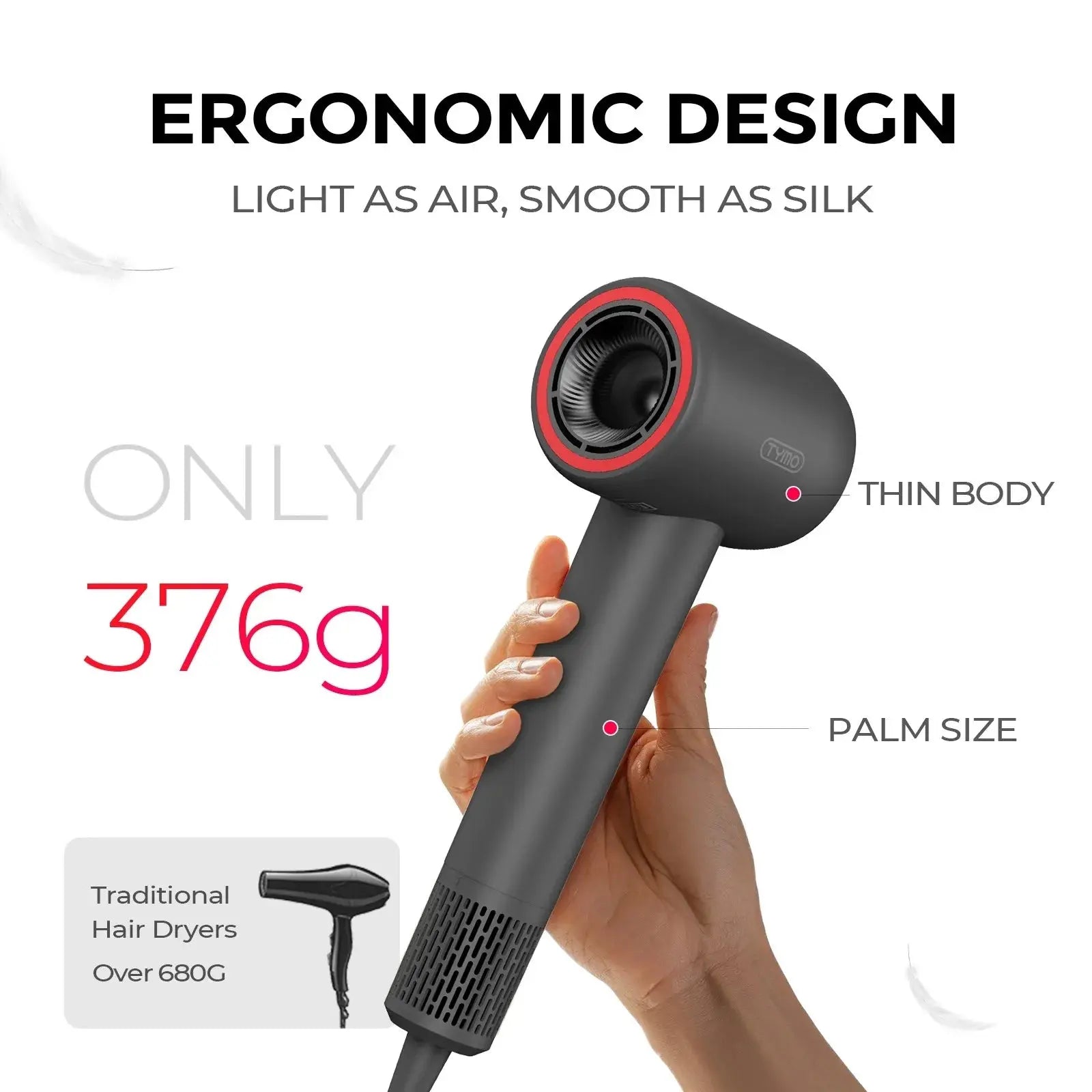 TYMO AIRHYPE COMPACT GREY travel size hair dryer, a dyson alternative hair dryer with a lightweight 376g ergonomic design.