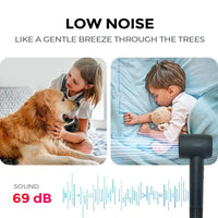 TYMO AIRHYPE COMPACT GREY ionic blow dryer, a dyson alternative hair dryer, shown quietly near sleeping child and pet.