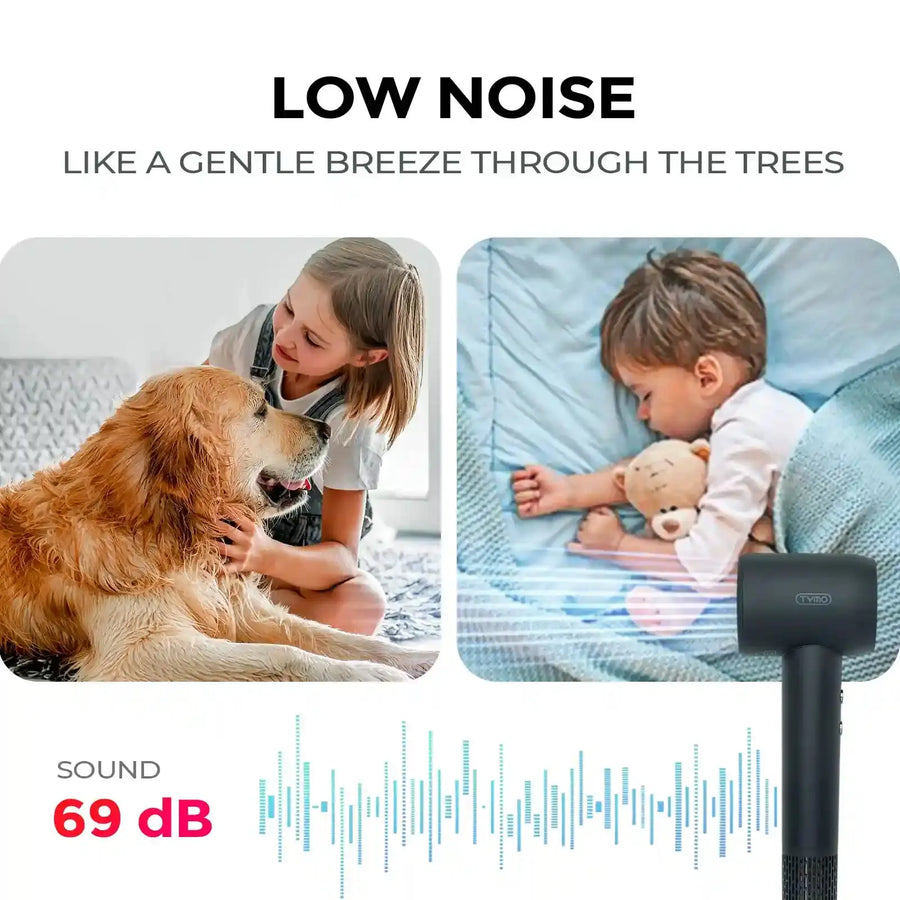 TYMO AIRHYPE COMPACT GREY ionic blow dryer, a dyson alternative hair dryer, shown quietly near sleeping child and pet.