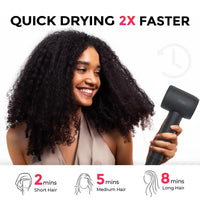 Curly-hair model using TYMO AIRHYPE COMPACT GREY, a dyson alternative hair dryer designed for curly hair.