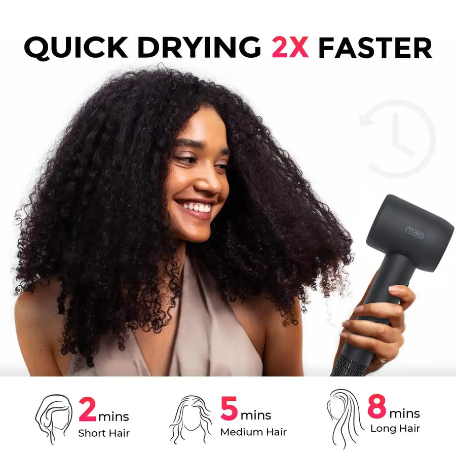 Curly-hair model using TYMO AIRHYPE COMPACT GREY, a dyson alternative hair dryer designed for curly hair.