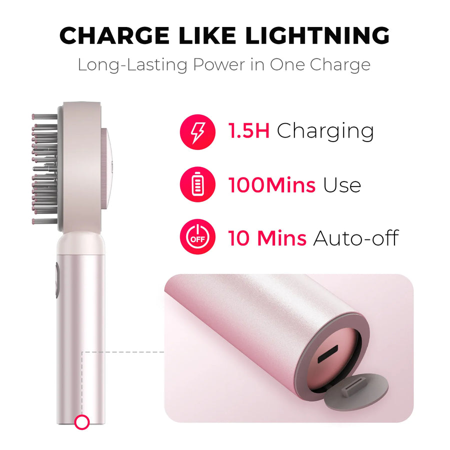 Lightning charge provides 100mins use for TYMO TRITHERA red light hair brush.
