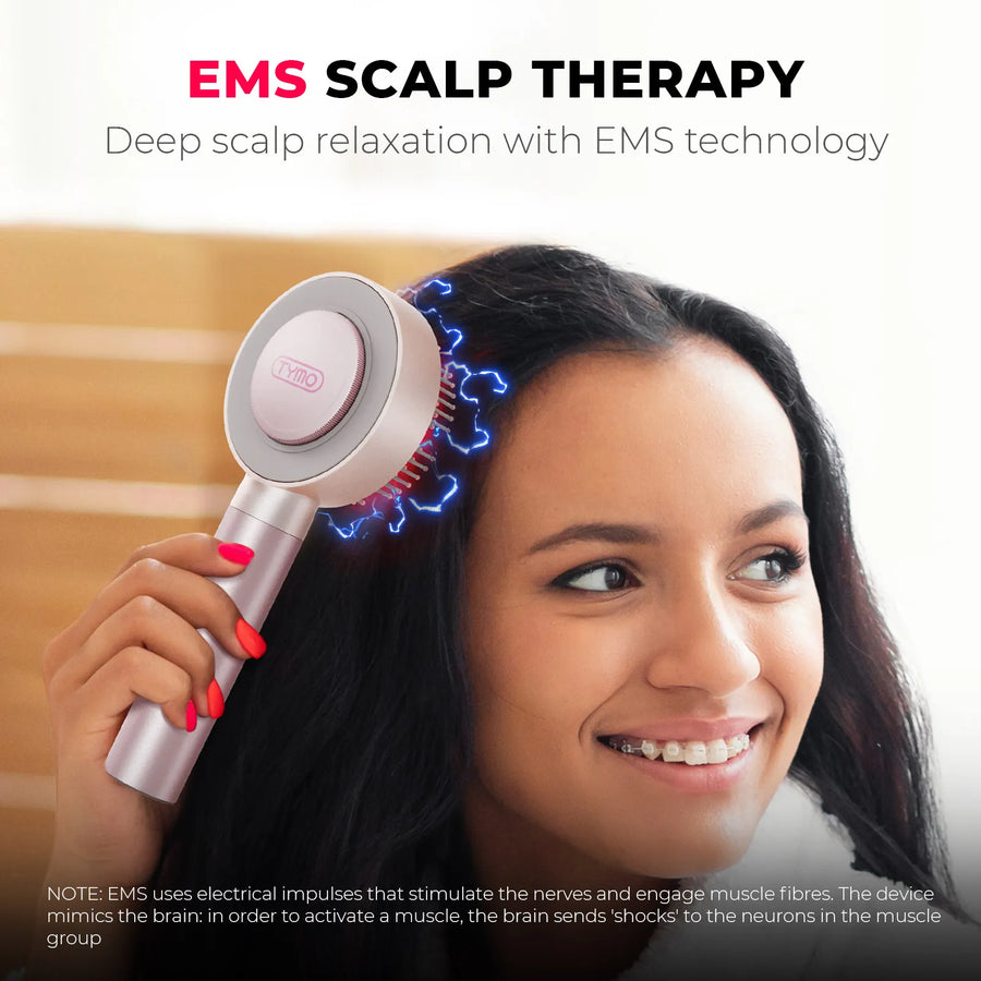 TYMO TRITHERA microcurrent massager uses EMS technology for deep scalp relaxation and stimulation.