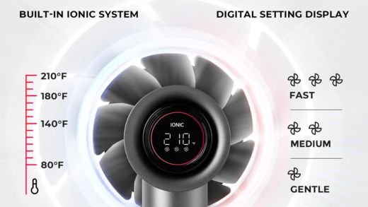 Close-up of a hair dryer's digital setting display, highlighting built-in ionic system and temperature control from 80°F to 210°F.