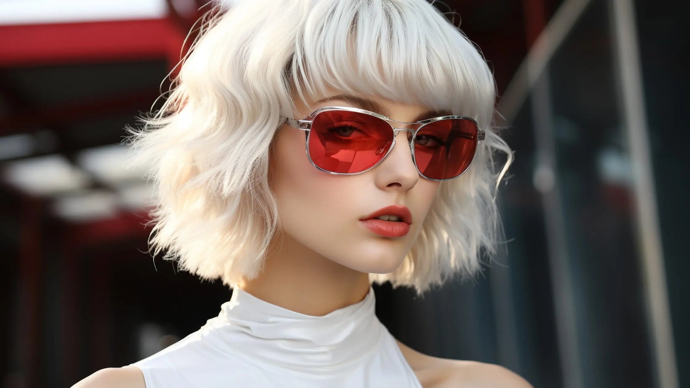 Fashionable woman with short silver hair wearing red sunglasses