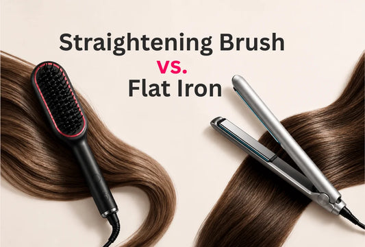 Straightening brush vs flat iron comparison shown with smooth styled hair