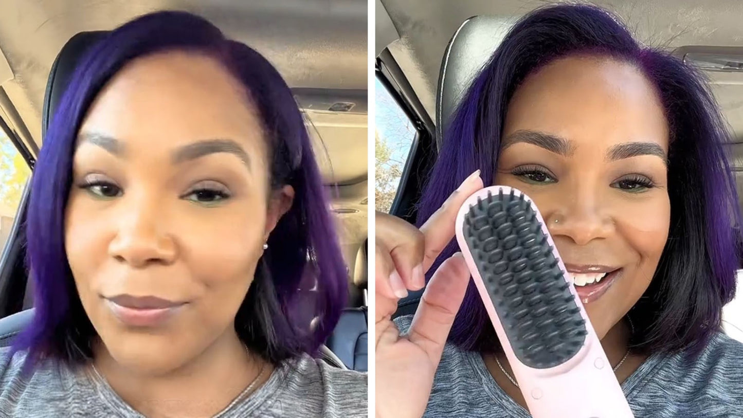 Woman with dyed purple hair using hair straightener brush.