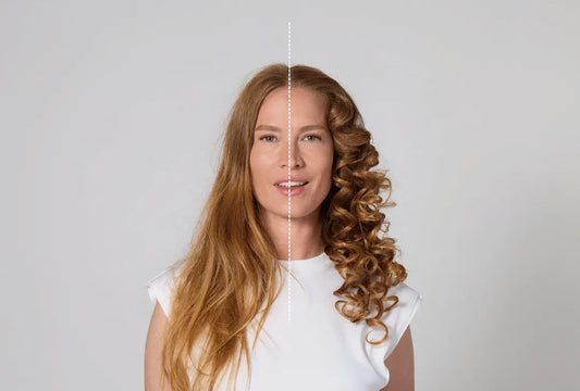 Woman with straight hair on one side and defined curls on the other showing a curl transformation