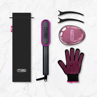 
                  
                    Packaging of TYMO RING hair straightener comb, including heat-resistant gloves, clips, and a carry case for user convenience.
                  
                