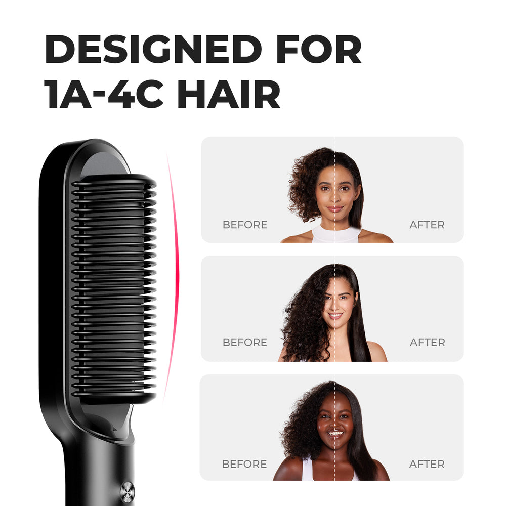 TYMO RING hair straightener comb designed for 1A-4C hair types, shown before & after demonstrating effective styling for diverse hair textures.