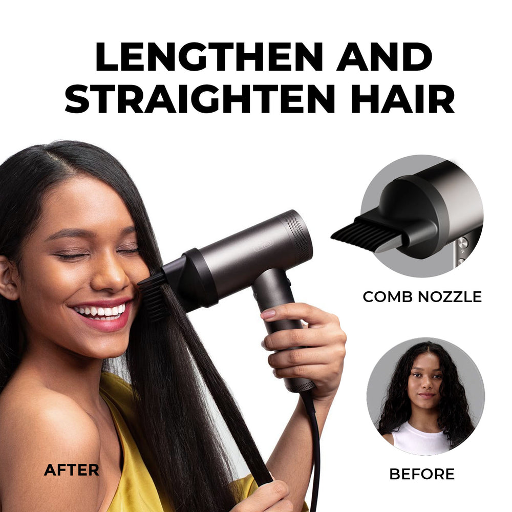 Woman straightening her curly hair using TYMO AIRHYPE Hair Dryer with comb nozzle, showcasing before and after results.