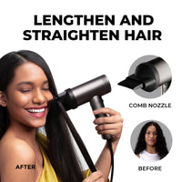 
                  
                    Woman straightening her curly hair using TYMO AIRHYPE Hair Dryer with comb nozzle, showcasing before and after results.
                  
                