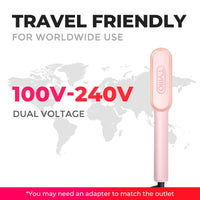 
                  
                    TYMO RING PINK hair straightener brush is highlighted for its travel-friendly design with dual voltage capability.
                  
                