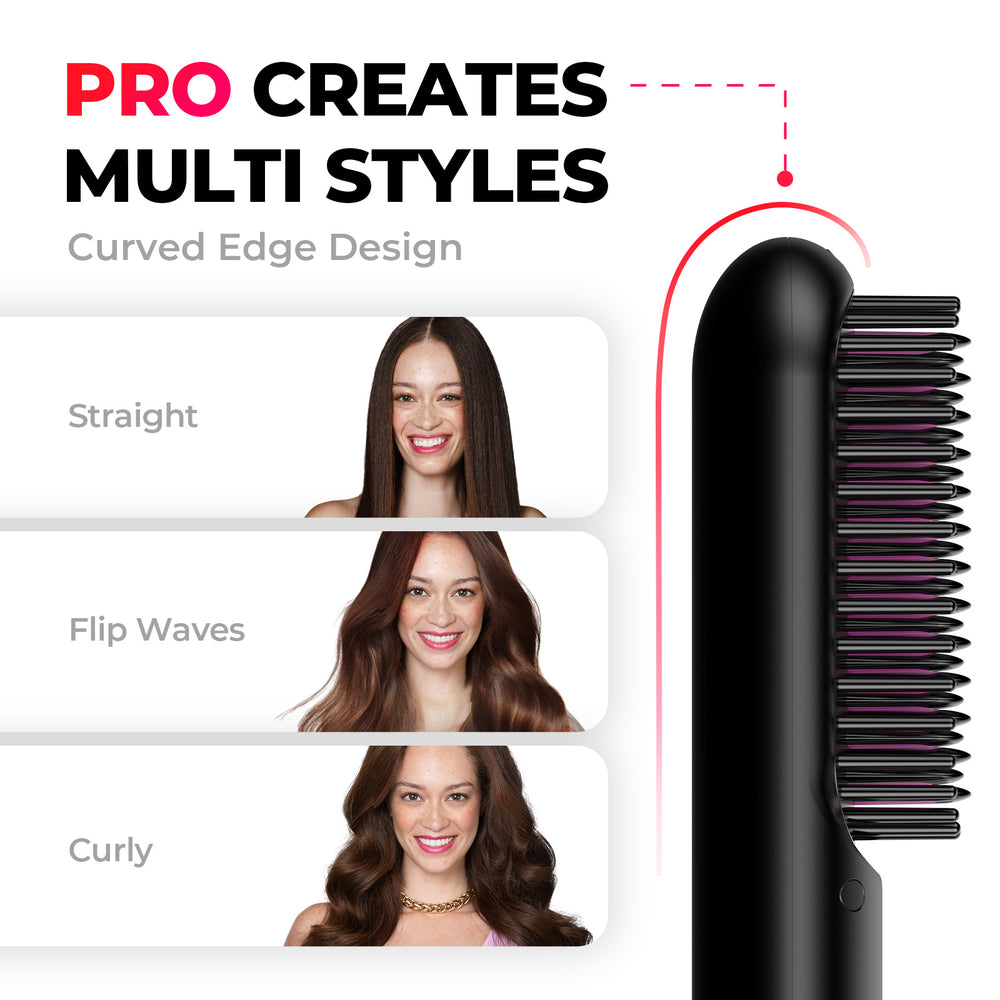 TYMO PORTA PRO hair styler showcasing Pro Multi Styles feature with three hairstyles: straight, flip waves, and curly.