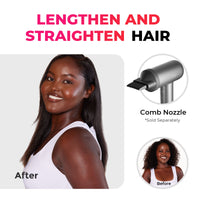 
                  
                    TYMO AIRHYPE LITE SILVER hair dryer with comb nozzle transforming tangled hair into smooth, shiny, straight hair.
                  
                