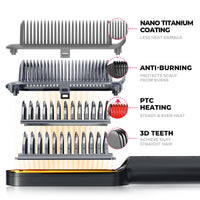 
                  
                    Advanced TYMO RING PLUS hair straightener brush showcasing nano titanium coating, anti-burning technology, and PTC heating for even heat distribution.
                  
                