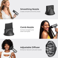 
                  
                    Three women using TYMO AIRHYPE LITE SILVER professional blow dryer with 3 nozzles to achieve various hair styles.
                  
                