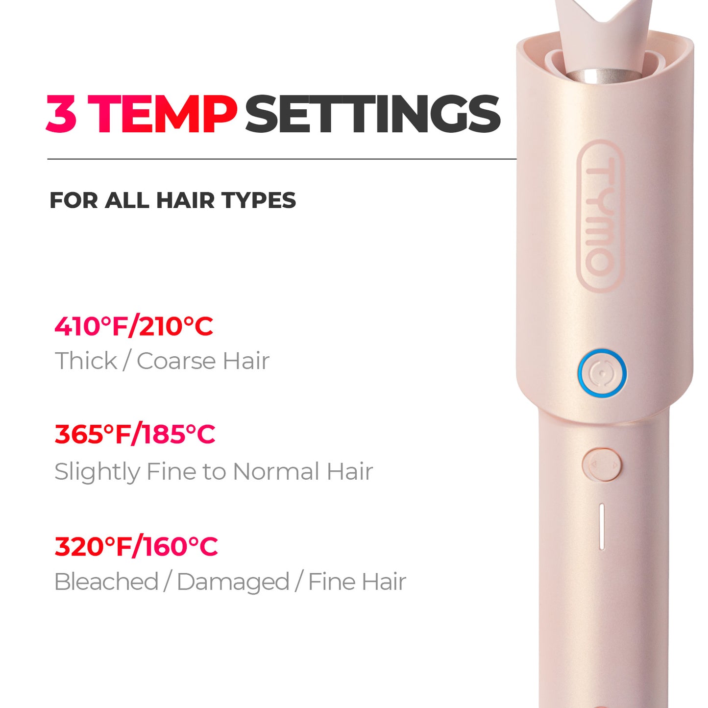 
                  
                    TYMO CURLGO curling iron with three temperature settings for different hair types.
                  
                