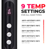 
                  
                    TYMO RING PLUS hair straightener with 9 temperature settings ranging from 250°F to 400°F for various hair types, showcasing a close-up of the temperature control buttons.
                  
                