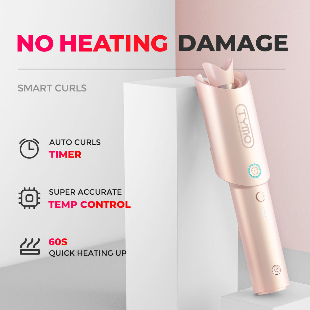 
                  
                    TYMO CURLGO cordless automatic curling iron, emphasizing no heat damage with smart curls features accurate temperature control and quick heating.
                  
                
