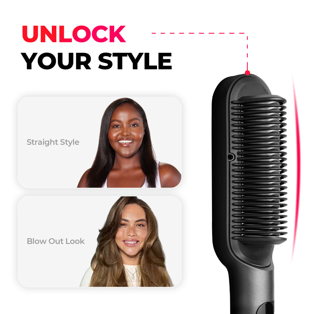 Unlock your style with TYMO RING PLUS hair straightener brush featuring straight and blowout hairstyles.
