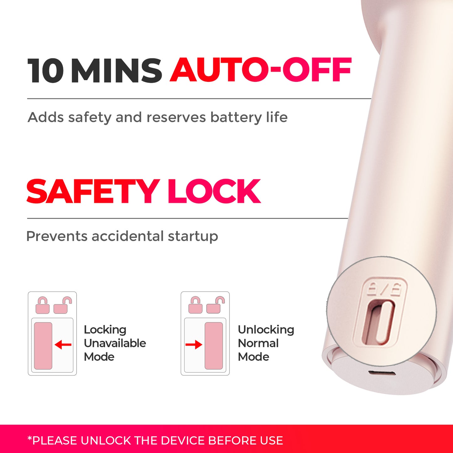 
                  
                    Safety features of TYMO CURLGO Automatic Curling Iron, highlighting the 10-minute auto-off and safety lock.
                  
                