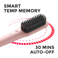 
                  
                    Smart temperature memory and auto-off function on TYMO iONIC MINI PINK, showcasing the pink ceramic hair brush design for safe styling.
                  
                