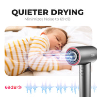 
                  
                    TYMO AIRHYPE LITE SILVER hair dryer working quietly while a baby sleeps, highlighting its low noise operation.
                  
                