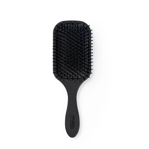 Front view of the black TYMO Paddle Brush showing nylon ball-tipped bristles and ergonomic handle against a plain white background.