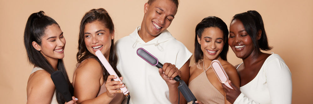 A diverse group of friends laughing and showcasing TYMO hair styling products, featuring various hair straighteners and brushes.