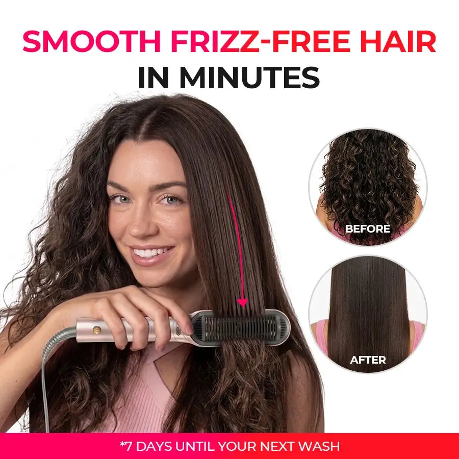 A woman with long, wavy brown hair uses a handheld hair-smoothing device on her hair, with promotional text reading 'SMOOTH FRIZZ-FREE HAIR IN MINUTES' and before/after hair comparison circles on a white background.