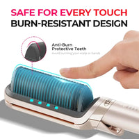 A hair styling brush with a metallic rose-gold body and dark gray bristles, shown with marketing text and a finger touching the bristles to demonstrate burn-resistant protection. The image includes a circular inset showing the anti-burn teeth detail.