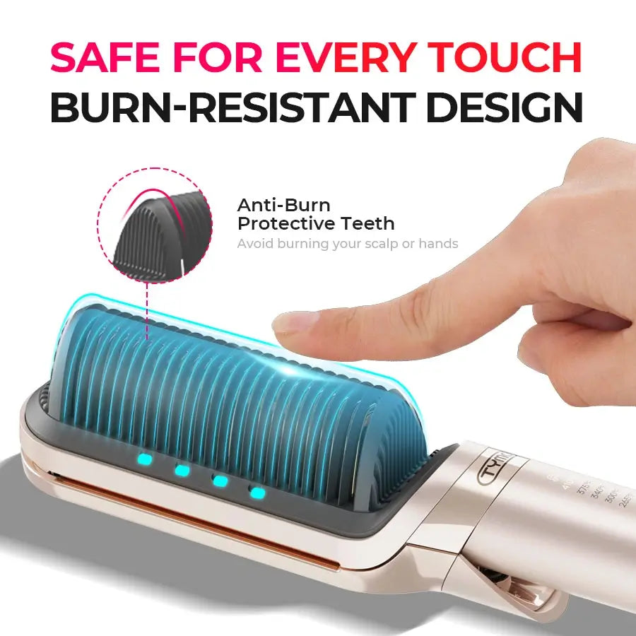 A hair styling brush with a metallic rose-gold body and dark gray bristles, shown with marketing text and a finger touching the bristles to demonstrate burn-resistant protection. The image includes a circular inset showing the anti-burn teeth detail.