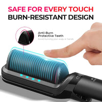 A hair styling brush with a glowing blue protective brush head, shown with a human finger touching the surface and marketing text about burn-resistant teeth and safe touch design.