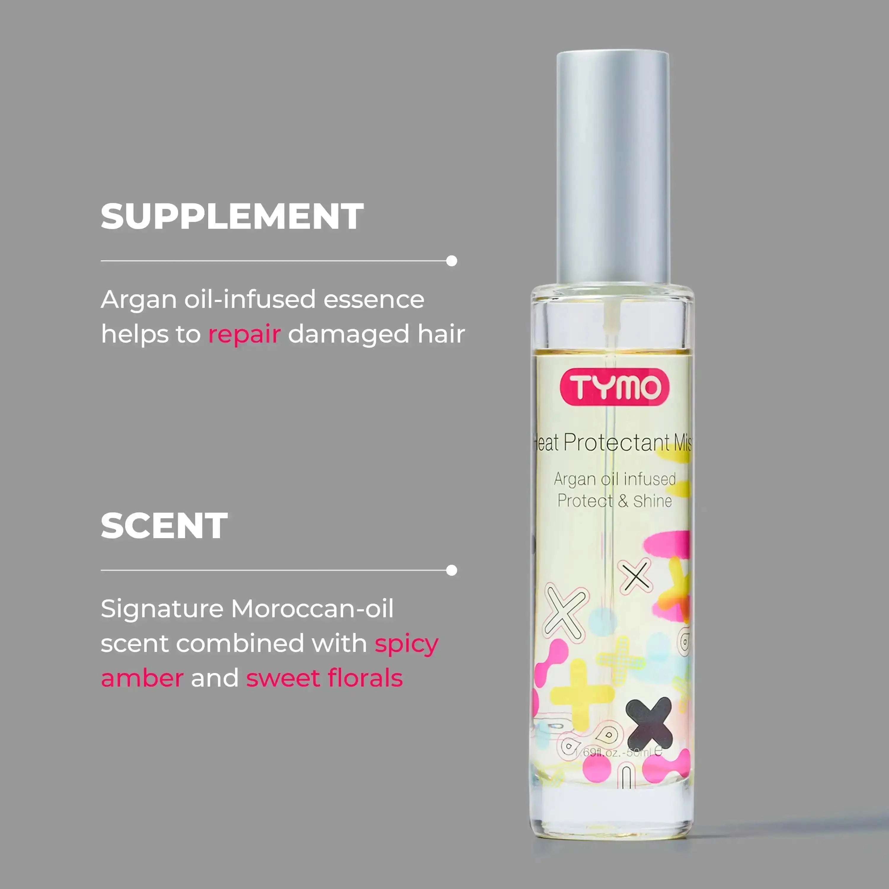 TYMO Heat Protectant Spray, argan oil-infused, highlighting hair repair benefits with Moroccan-oil scent, spicy amber, and sweet florals.