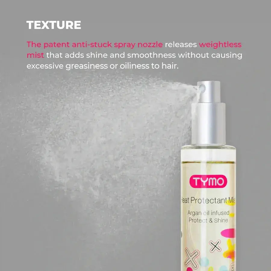 The texture of TYMO Heat Protectant Mist shows the anti-stuck spray nozzle that provides a weightless, smooth shine without greasy residue.