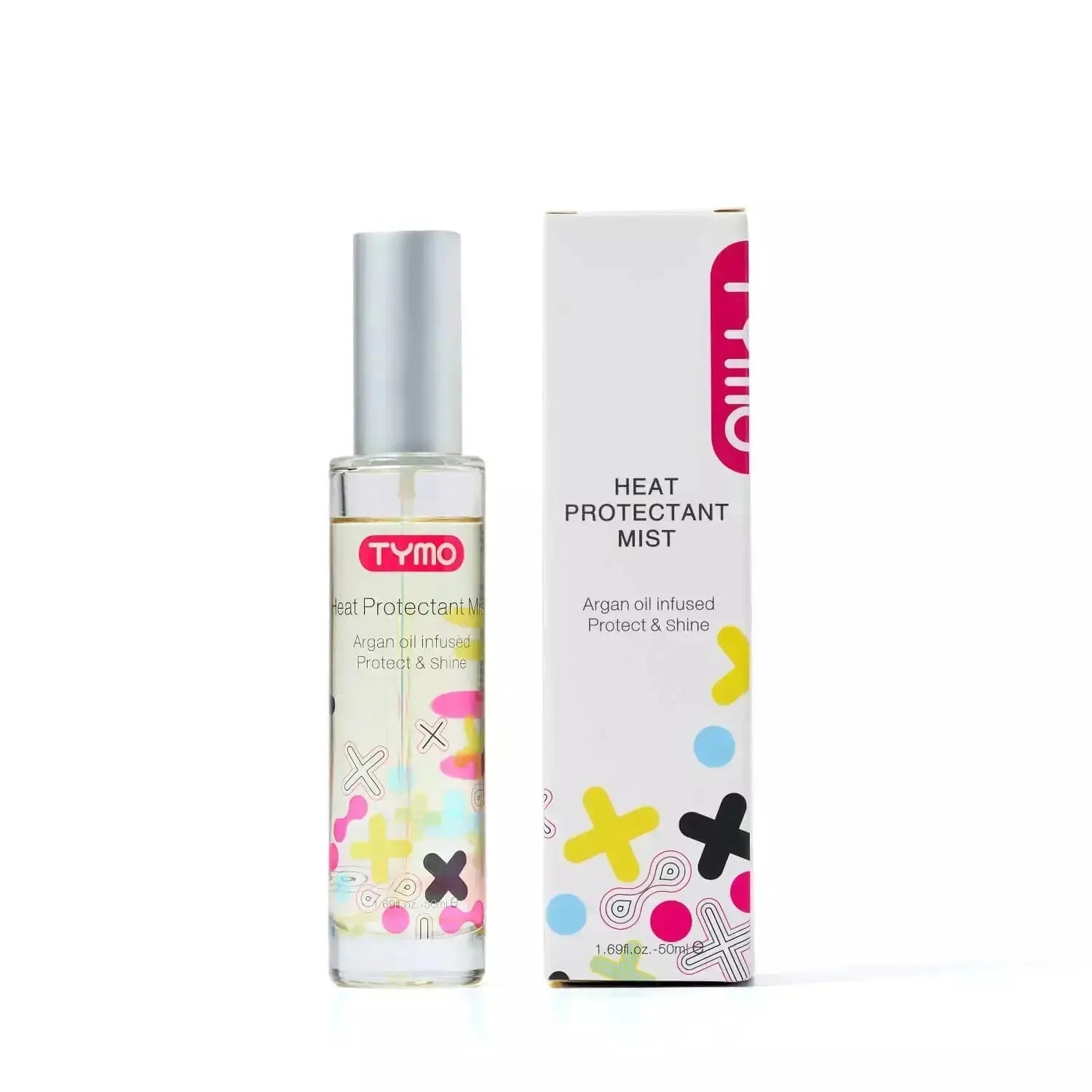 Packaging of TYMO Heat Protectant Mist displaying the product name and colorful design elements on a sleek white box.