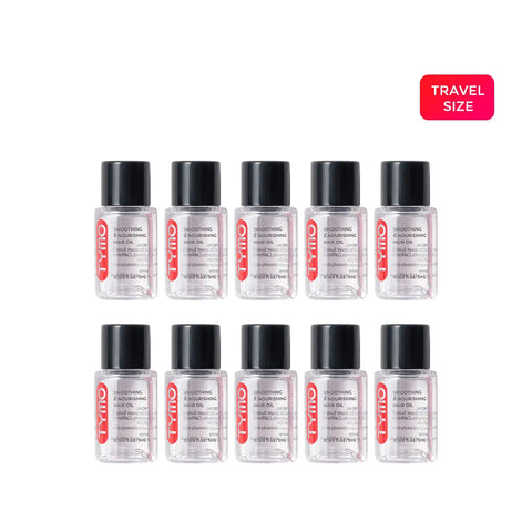 Set of 10 travel-size TYMO Smoothing & Nourishing Hair Oil mini bottles, 5ml each, arranged in two rows against a white background.
