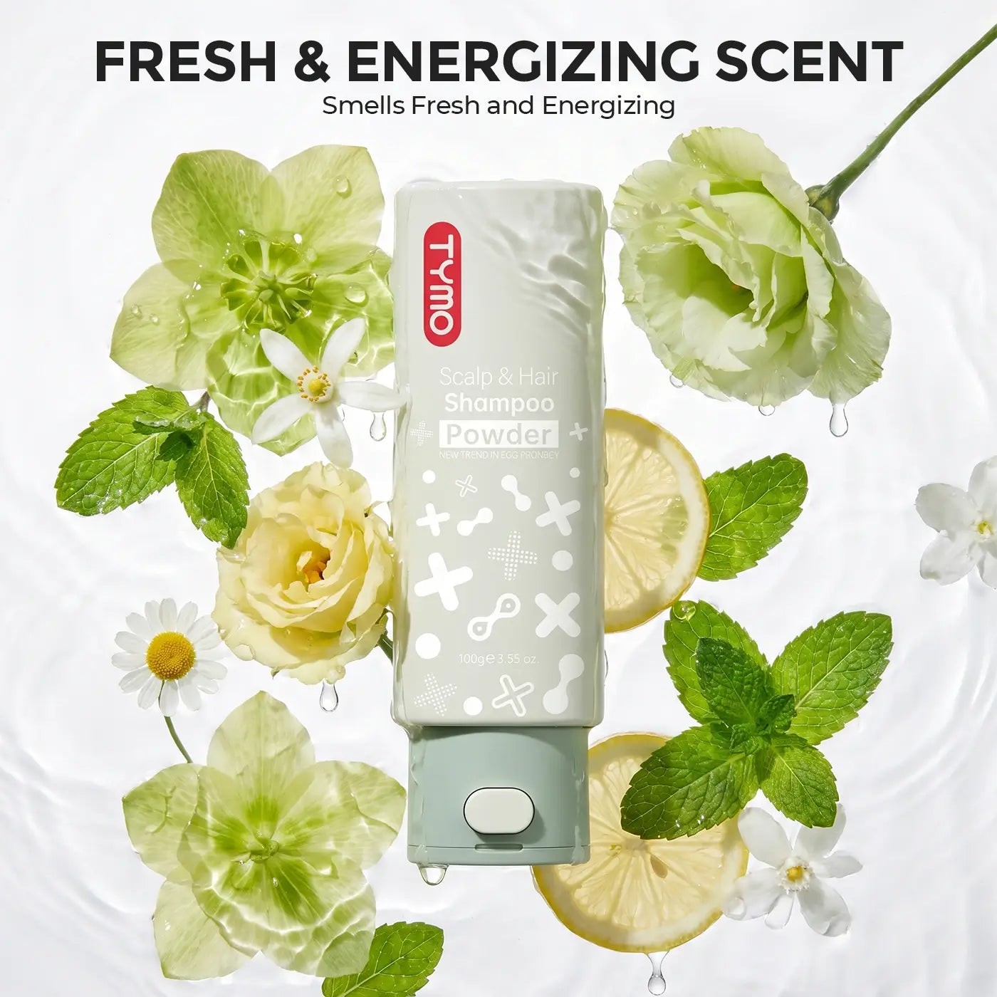 TYMO Purifying Shampoo Powder surrounded by mint leaves, lemon slices, green hellebores, and white flowers in clear water highlighting a fresh scent.