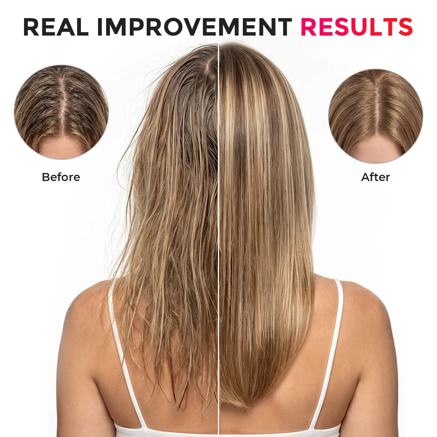 Before and after scalp zoomed-in comparison showing reduction of oiliness and residue buildup after washing with TYMO Purifying Shampoo Powder.
