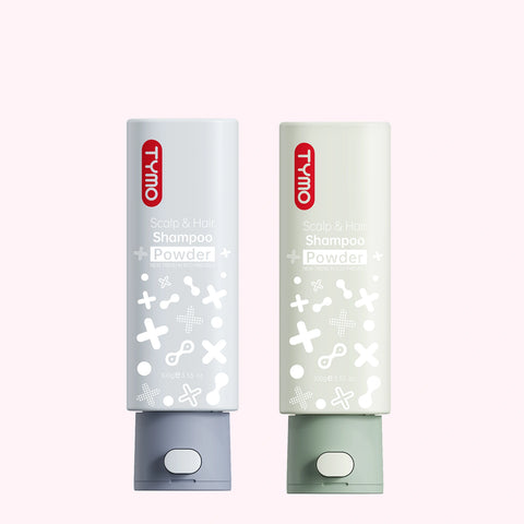 TYMO Pure Balance Duo set featuring the TYMO Anti-Dandruff Shampoo Powder and TYMO Purifying Shampoo Powder in eco-friendly dispenser bottles for scalp and hair care.